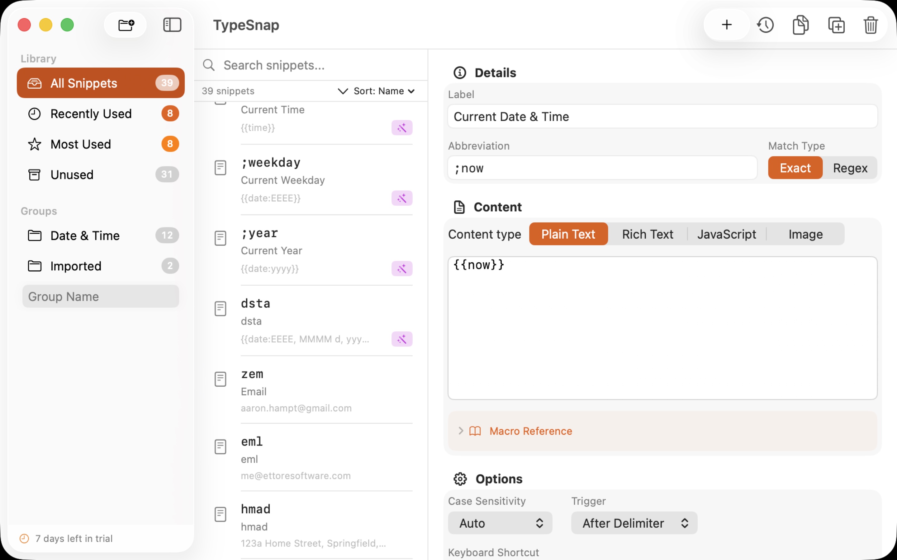 TypeSnap app screenshot showing snippet library